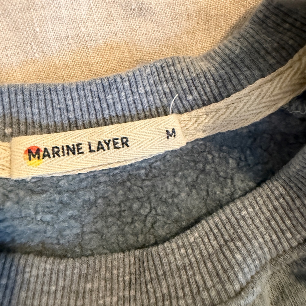 Marine Layer Light Blue Crewneck Sweater with Navy & Cream Stripe Trim - Picture 3 of 3